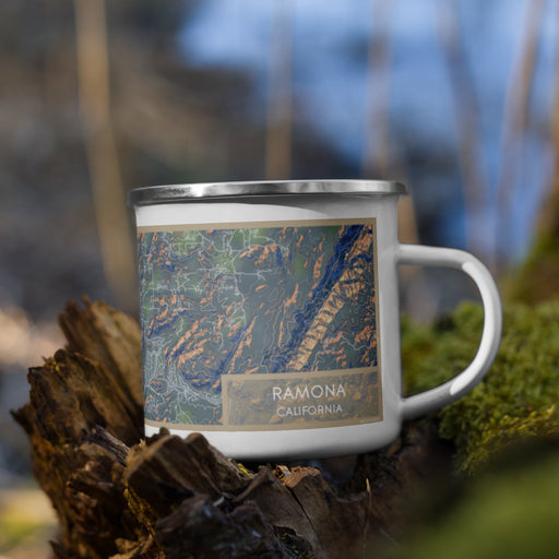 Right View Custom Ramona California Map Enamel Mug in Afternoon on Grass With Trees in Background