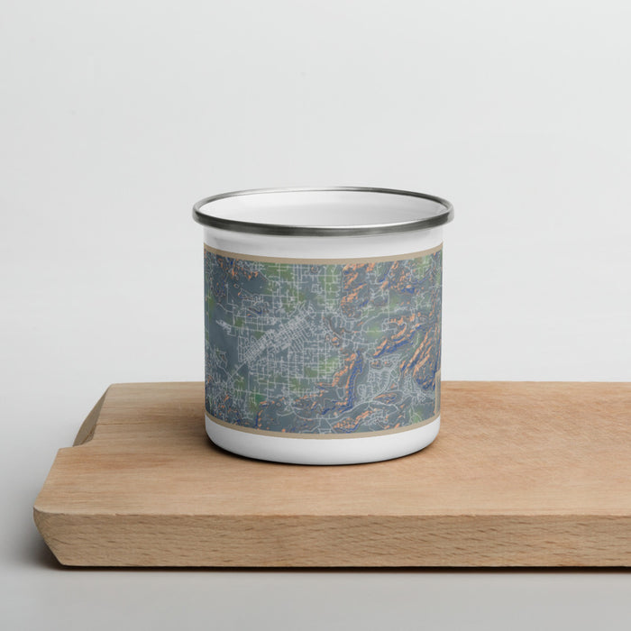 Front View Custom Ramona California Map Enamel Mug in Afternoon on Cutting Board