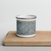 Front View Custom Ramona California Map Enamel Mug in Afternoon on Cutting Board