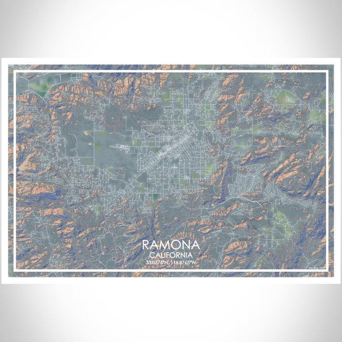 Ramona California Map Print Landscape Orientation in Afternoon Style With Shaded Background
