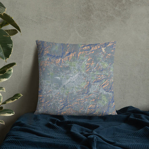 Custom Ramona California Map Throw Pillow in Afternoon on Bedding Against Wall