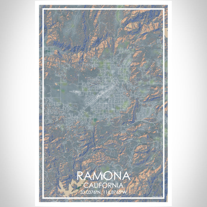 Ramona California Map Print Portrait Orientation in Afternoon Style With Shaded Background