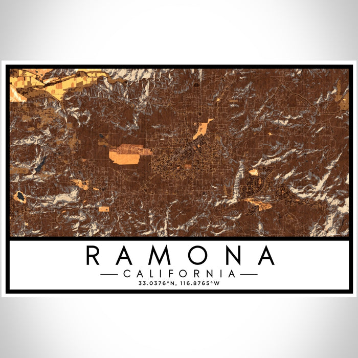 Ramona California Map Print Landscape Orientation in Ember Style With Shaded Background