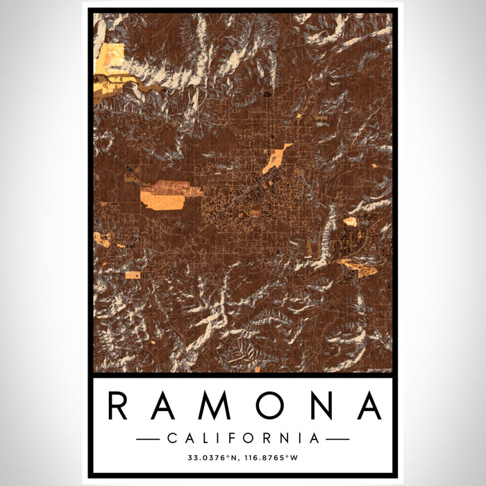 Ramona California Map Print Portrait Orientation in Ember Style With Shaded Background