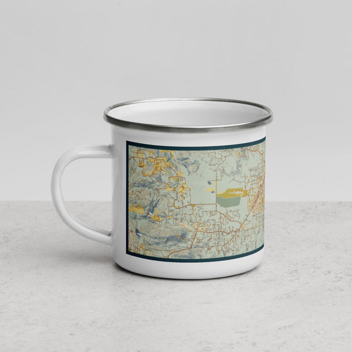 Left View Custom Ramona California Map Enamel Mug in Woodblock