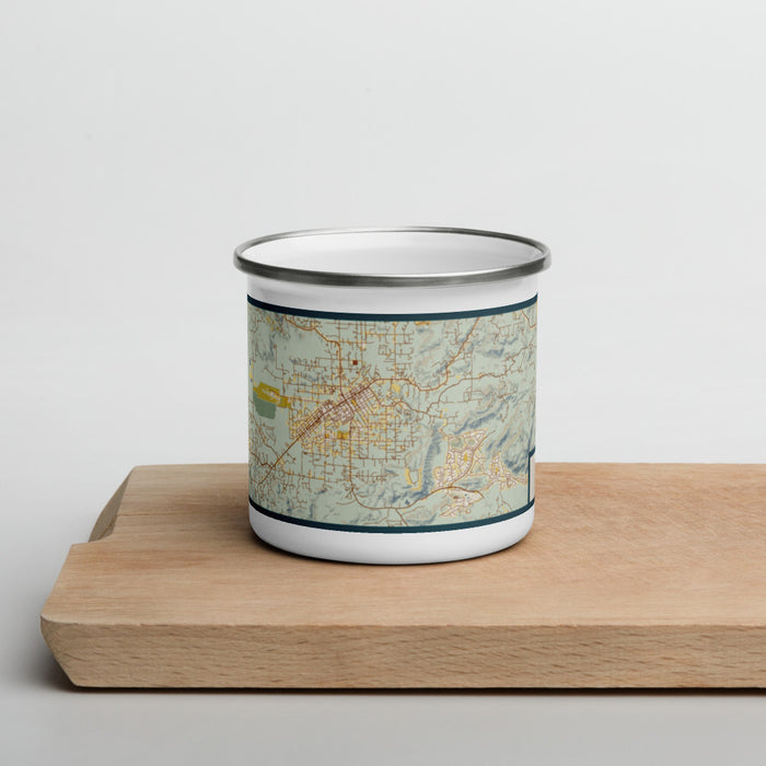 Front View Custom Ramona California Map Enamel Mug in Woodblock on Cutting Board