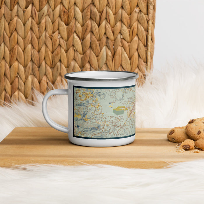 Left View Custom Ramona California Map Enamel Mug in Woodblock on Table Top