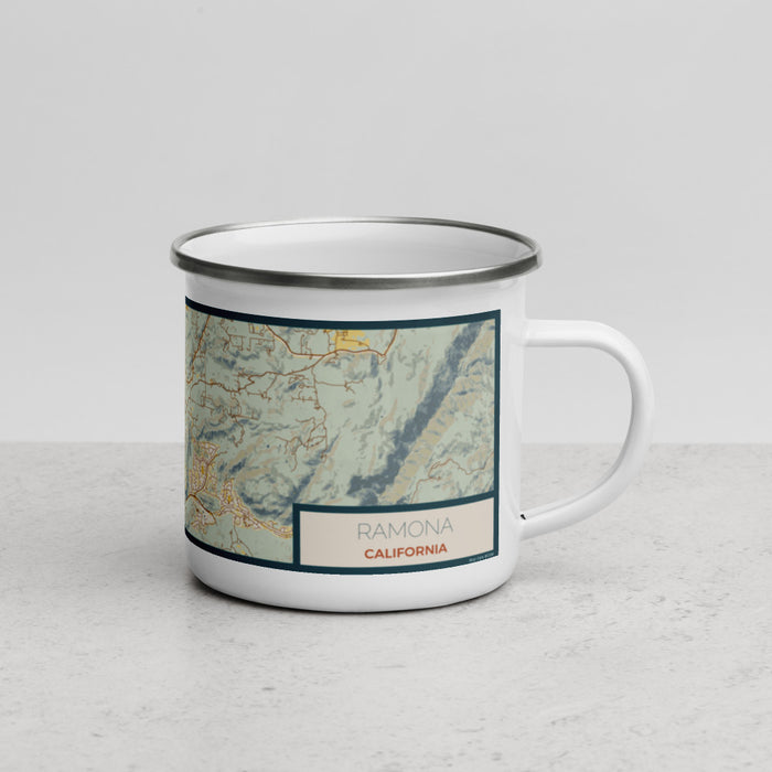 Right View Custom Ramona California Map Enamel Mug in Woodblock