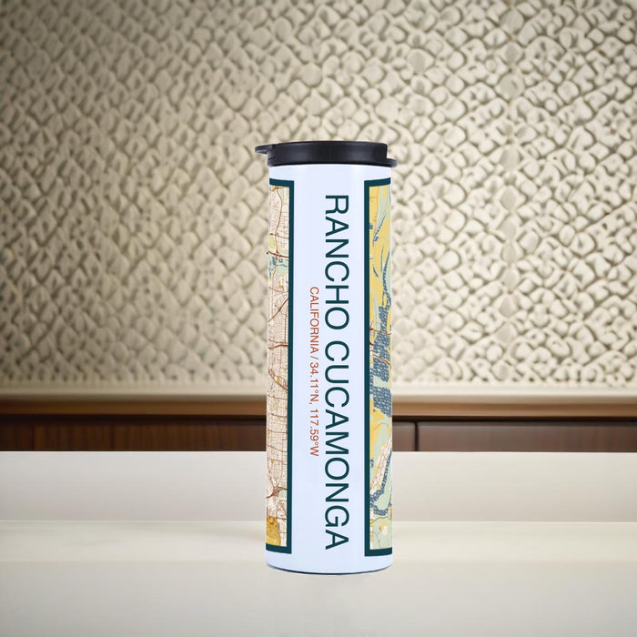 Rancho Cucamonga California Custom City Map Inscription Coordinates on 17oz Stainless Steel Insulated Tumbler in Woodblock Map Style