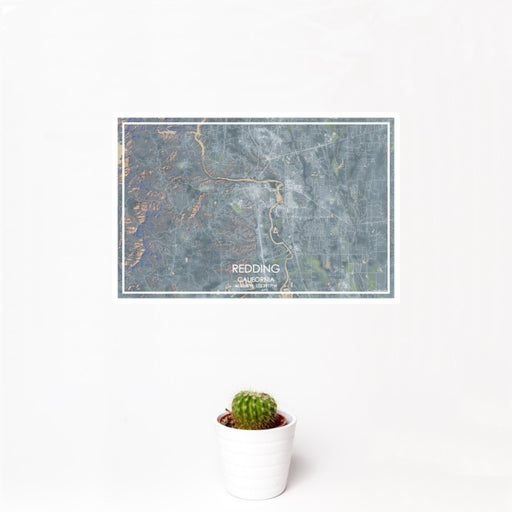 12x18 Redding California Map Print Landscape Orientation in Afternoon Style With Small Cactus Plant in White Planter