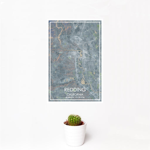 12x18 Redding California Map Print Portrait Orientation in Afternoon Style With Small Cactus Plant in White Planter