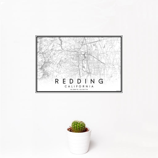 12x18 Redding California Map Print Landscape Orientation in Classic Style With Small Cactus Plant in White Planter