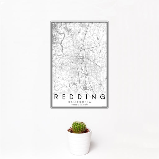 12x18 Redding California Map Print Portrait Orientation in Classic Style With Small Cactus Plant in White Planter