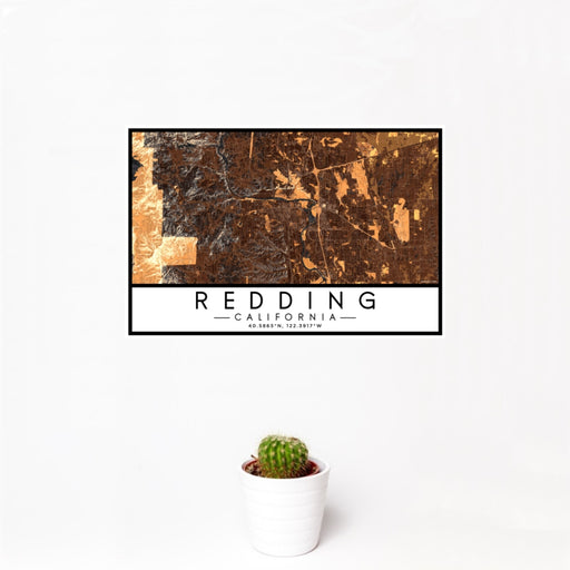 12x18 Redding California Map Print Landscape Orientation in Ember Style With Small Cactus Plant in White Planter