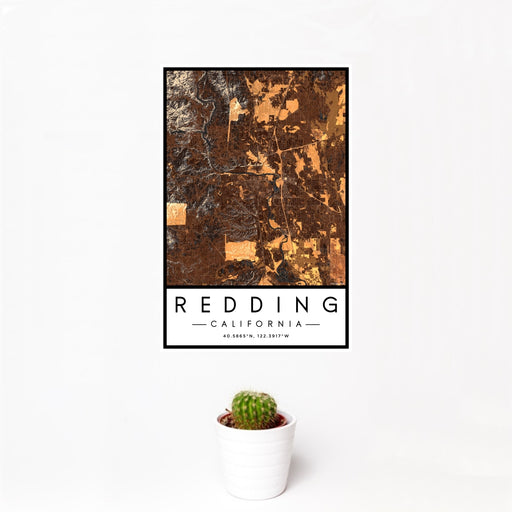 12x18 Redding California Map Print Portrait Orientation in Ember Style With Small Cactus Plant in White Planter