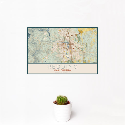 12x18 Redding California Map Print Landscape Orientation in Woodblock Style With Small Cactus Plant in White Planter