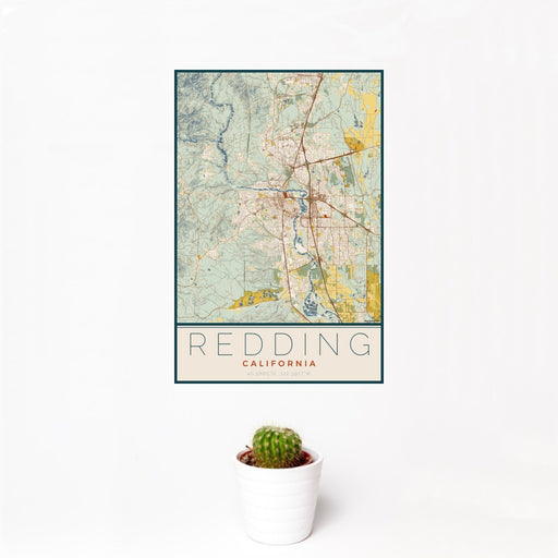 12x18 Redding California Map Print Portrait Orientation in Woodblock Style With Small Cactus Plant in White Planter