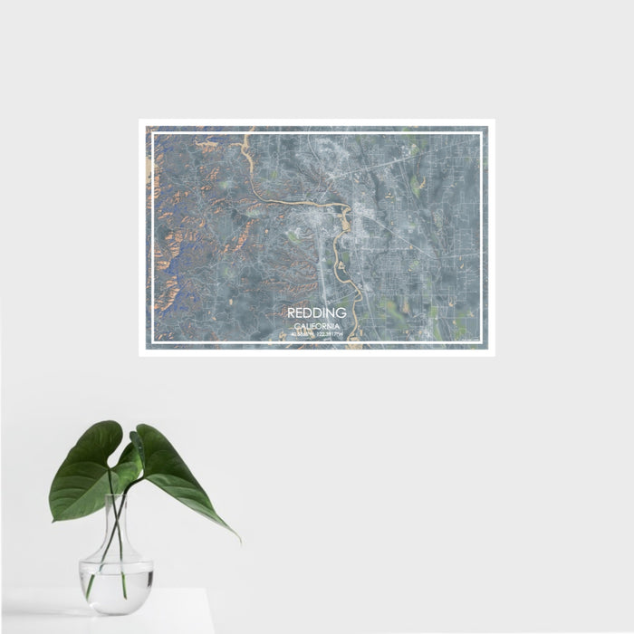16x24 Redding California Map Print Landscape Orientation in Afternoon Style With Tropical Plant Leaves in Water
