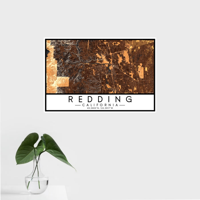 16x24 Redding California Map Print Landscape Orientation in Ember Style With Tropical Plant Leaves in Water