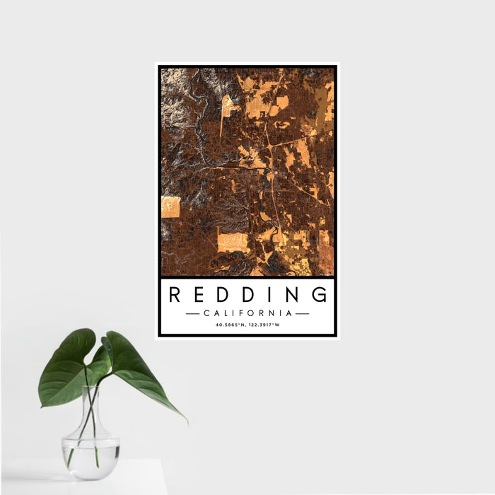 16x24 Redding California Map Print Portrait Orientation in Ember Style With Tropical Plant Leaves in Water