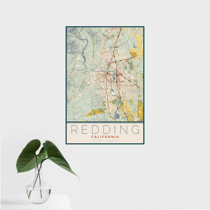 16x24 Redding California Map Print Portrait Orientation in Woodblock Style With Tropical Plant Leaves in Water