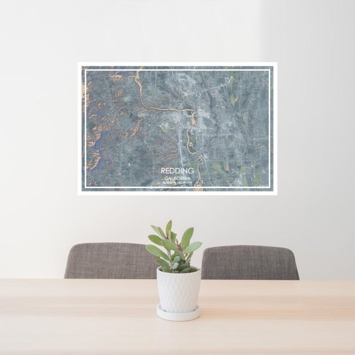 24x36 Redding California Map Print Lanscape Orientation in Afternoon Style Behind 2 Chairs Table and Potted Plant