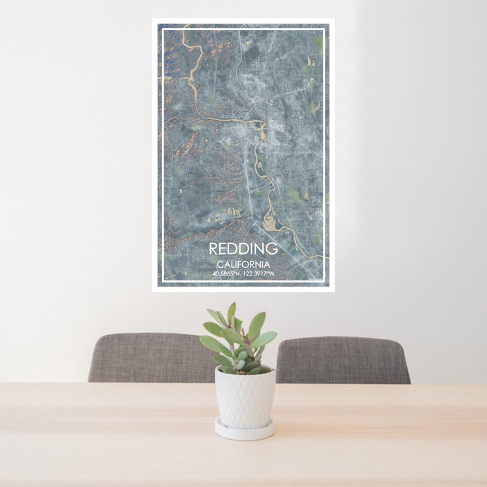 24x36 Redding California Map Print Portrait Orientation in Afternoon Style Behind 2 Chairs Table and Potted Plant