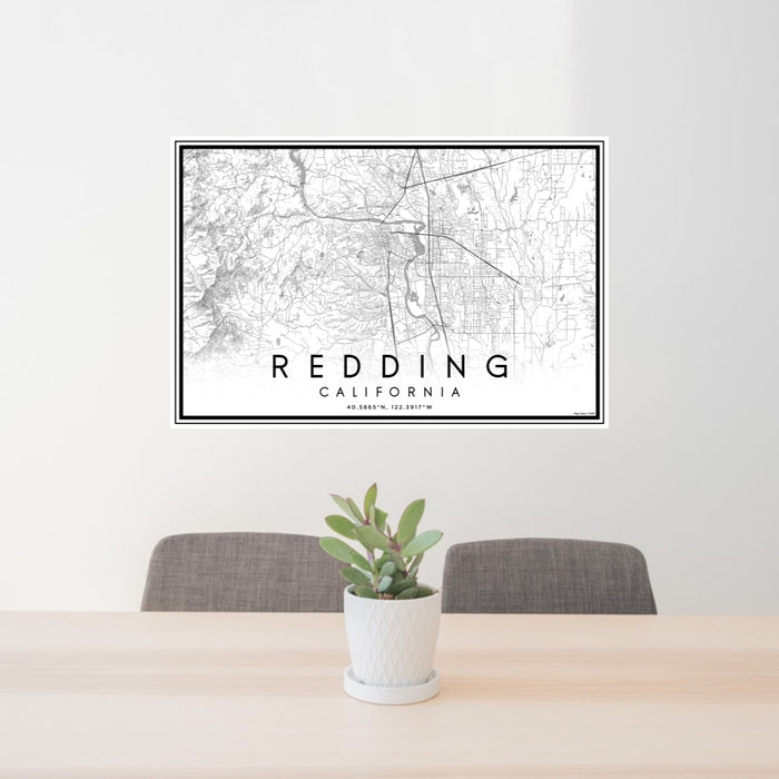 24x36 Redding California Map Print Lanscape Orientation in Classic Style Behind 2 Chairs Table and Potted Plant