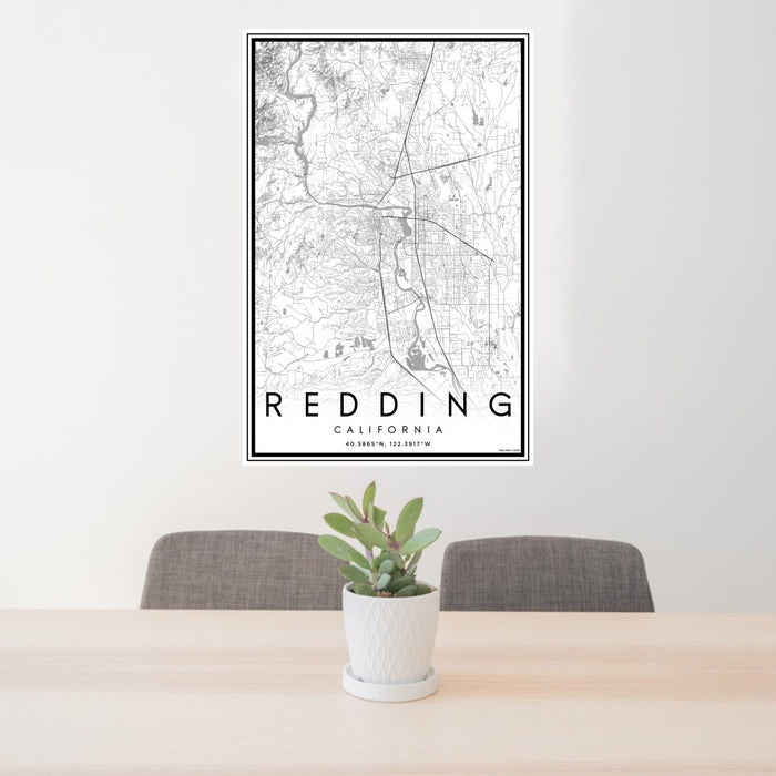 24x36 Redding California Map Print Portrait Orientation in Classic Style Behind 2 Chairs Table and Potted Plant