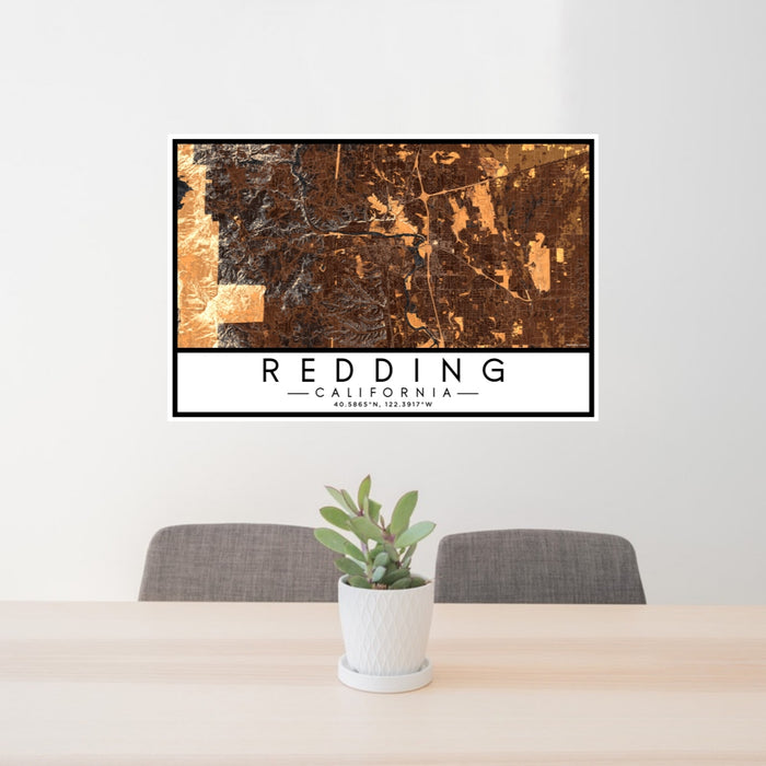 24x36 Redding California Map Print Lanscape Orientation in Ember Style Behind 2 Chairs Table and Potted Plant