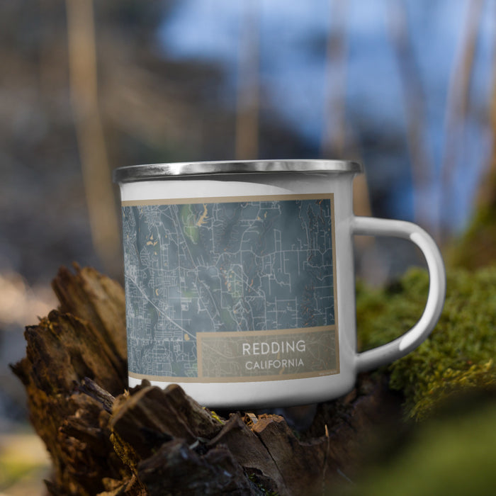 Right View Custom Redding California Map Enamel Mug in Afternoon on Grass With Trees in Background