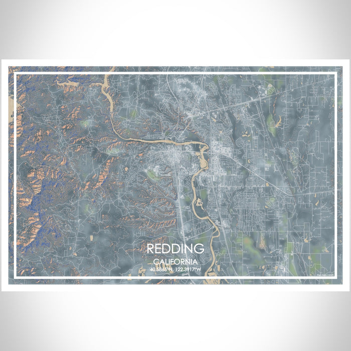 Redding California Map Print Landscape Orientation in Afternoon Style With Shaded Background