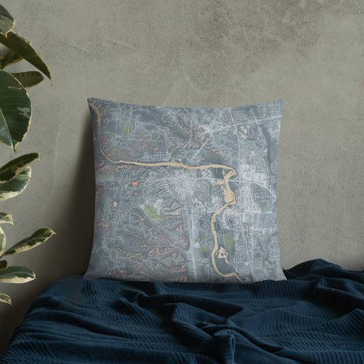 Custom Redding California Map Throw Pillow in Afternoon on Bedding Against Wall