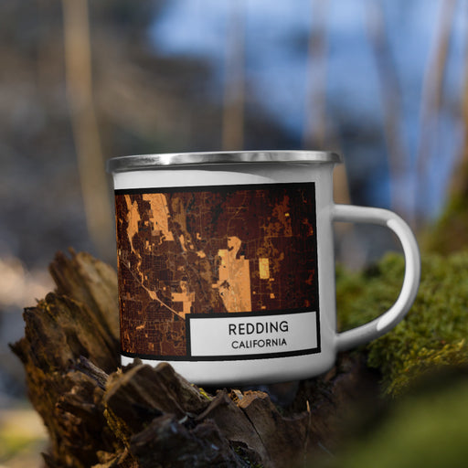 Right View Custom Redding California Map Enamel Mug in Ember on Grass With Trees in Background