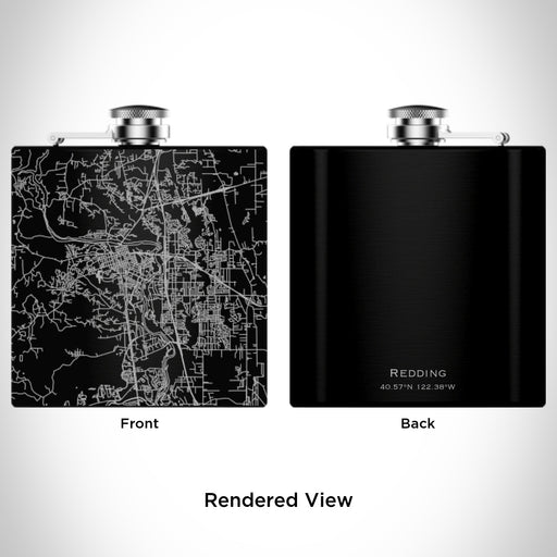 Rendered View of Redding California Map Engraving on 6oz Stainless Steel Flask in Black