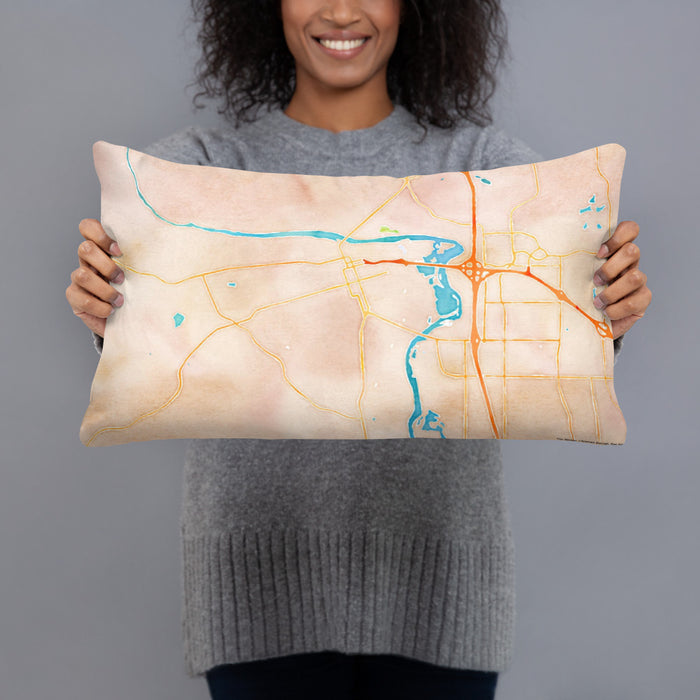 Person holding 20x12 Custom Redding California Map Throw Pillow in Watercolor