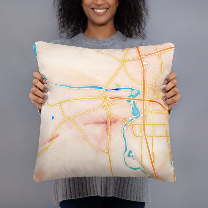 Person holding 18x18 Custom Redding California Map Throw Pillow in Watercolor