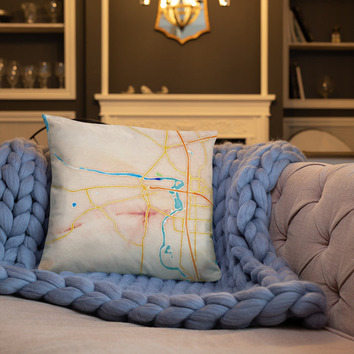 Custom Redding California Map Throw Pillow in Watercolor on Cream Colored Couch
