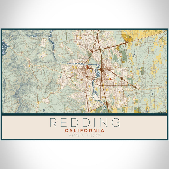Redding California Map Print Landscape Orientation in Woodblock Style With Shaded Background