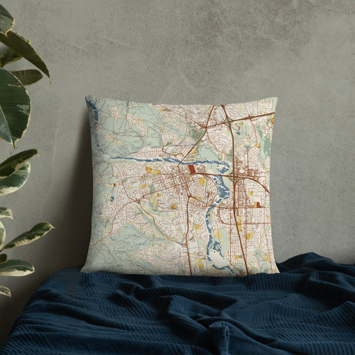 Custom Redding California Map Throw Pillow in Woodblock on Bedding Against Wall
