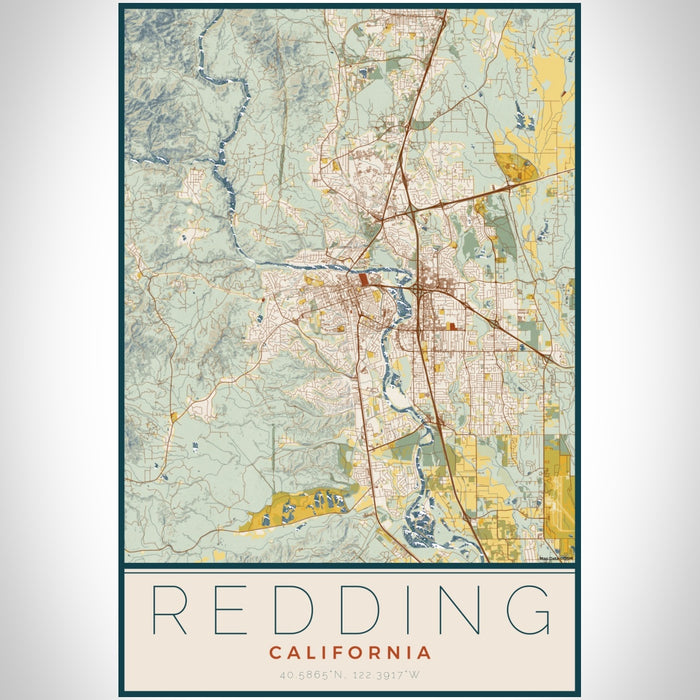Redding California Map Print Portrait Orientation in Woodblock Style With Shaded Background