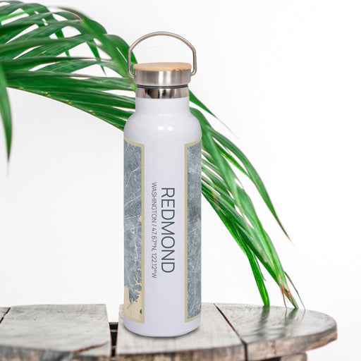 Redmond Washington Custom City Map Inscription Coordinates on 20oz Stainless Steel Insulated Bottle with Bamboo Top with printed afternoon style map