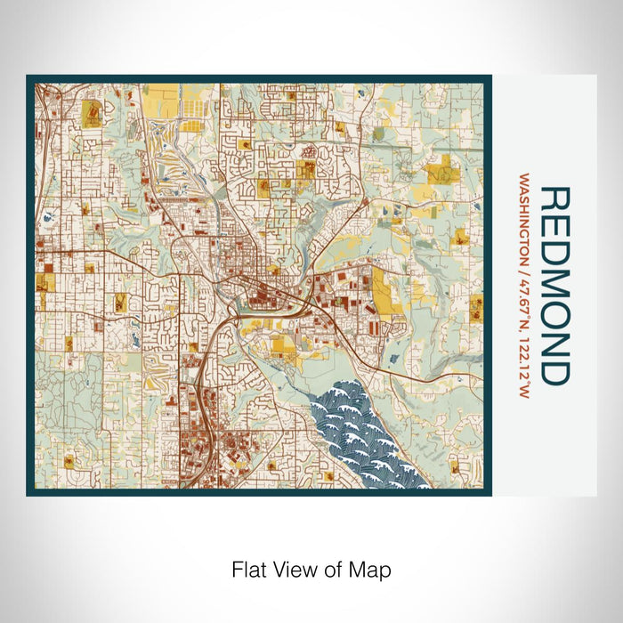 Rendered View of Redmond Washington Map on 20oz Stainless Steel Insulated Bottle with Bamboo Top with printed woodblock style map