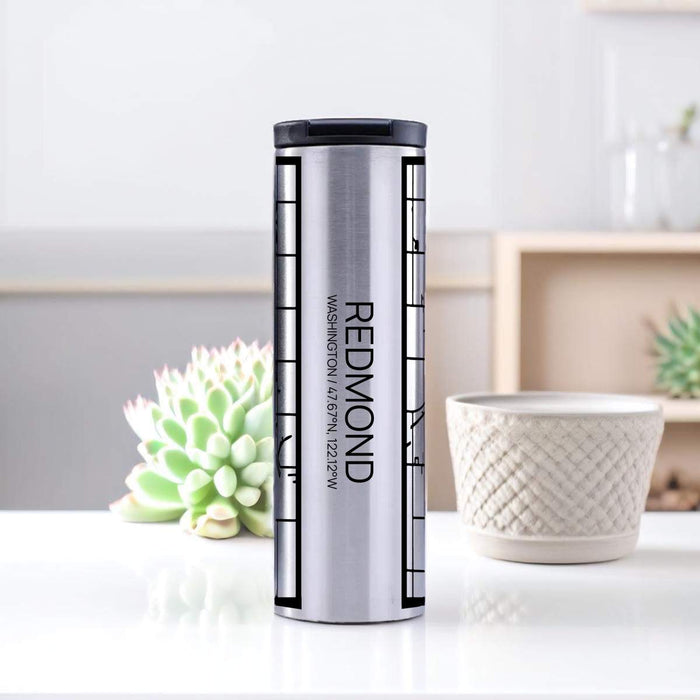 Redmond Washington Custom City Map Inscription Coordinates on 17oz Stainless Steel Insulated Tumbler in Tactile Lines with Succulent in Background