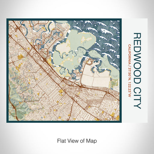 Rendered View of Redwood City California Map on 20oz Stainless Steel Insulated Bottle with Bamboo Top with printed woodblock style map