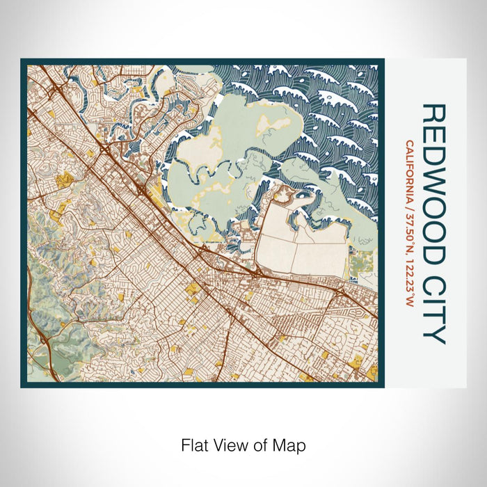 Rendered View of Redwood City California Map on 20oz Stainless Steel Insulated Bottle with Bamboo Top with printed woodblock style map
