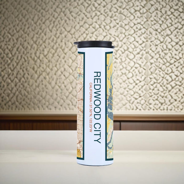 Redwood City California Custom City Map Inscription Coordinates on 17oz Stainless Steel Insulated Tumbler in Woodblock Map Style