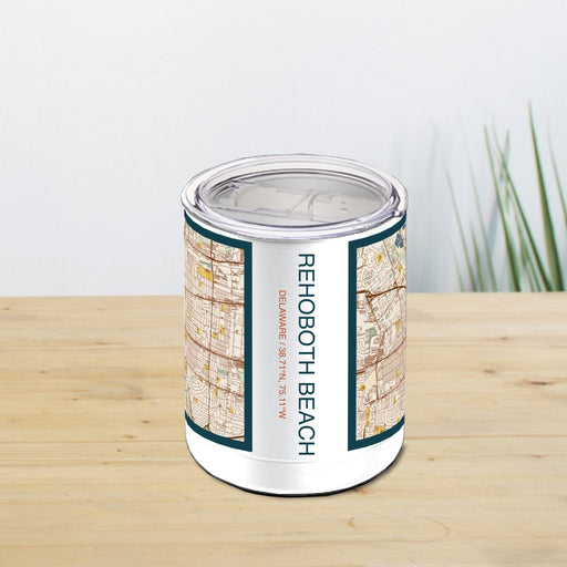 Rehoboth Beach Delaware Custom City Map Inscription Coordinates on 10oz Stainless Steel Insulated Cup in Woodblock with Sliding Lid