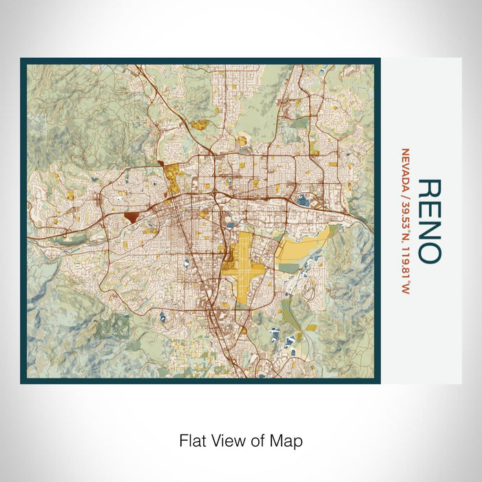 Rendered View of Reno Nevada Map on 20oz Stainless Steel Insulated Bottle with Bamboo Top with printed woodblock style map