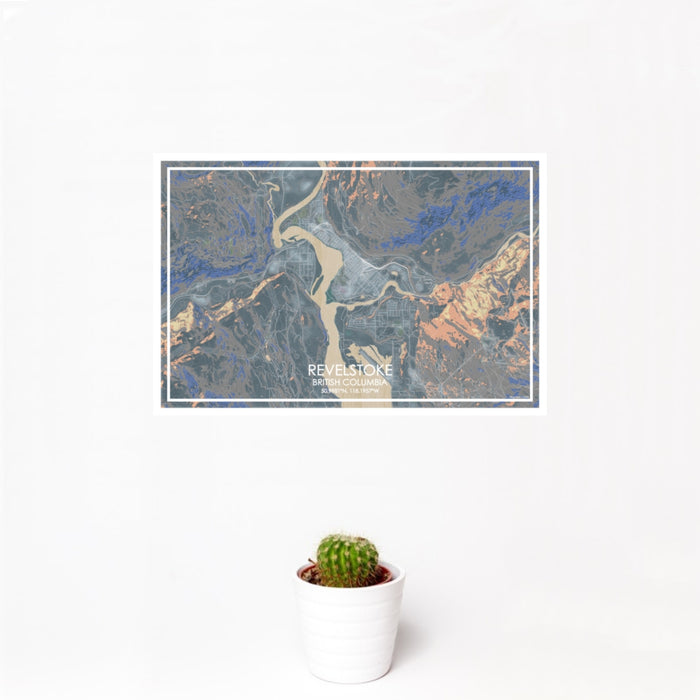 12x18 Revelstoke British Columbia Map Print Landscape Orientation in Afternoon Style With Small Cactus Plant in White Planter